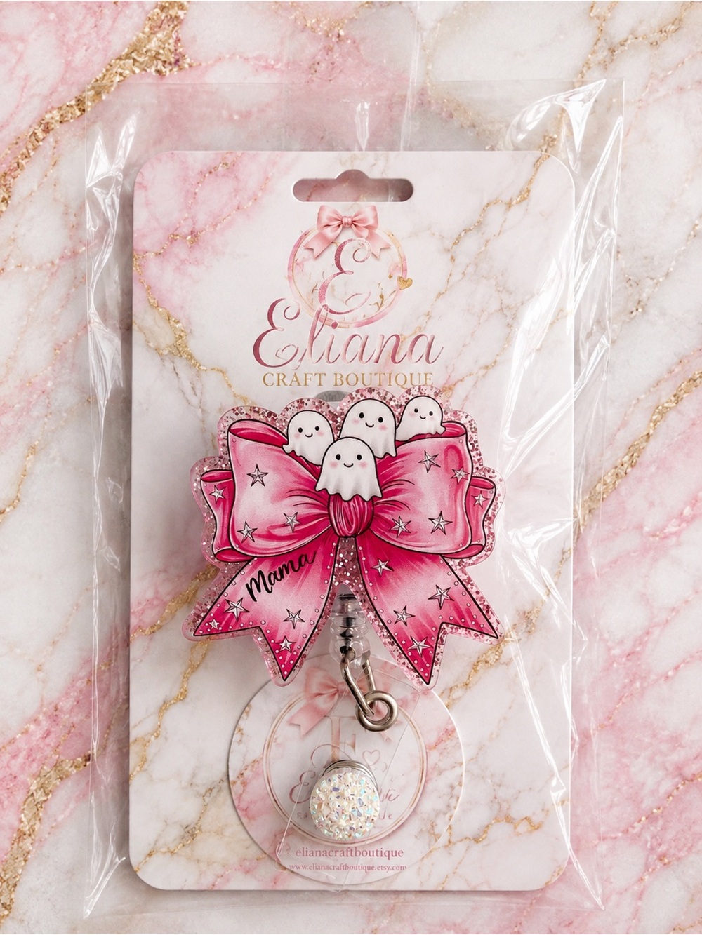 Pink 'Mama' ghost Bow badge reel